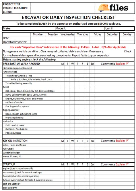 excavator daily maintenance checklist